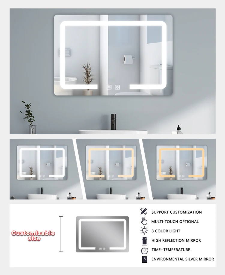 product smart led customizable bathroom mirror wall mounted mirror anti fog time cloakroom led bath mirror with lights-4