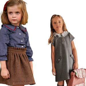 OEM and ODM Customized Kids Polyester  Gray Knitting Button Short Sleeves   Lace  Collar  Worsted  Girl Dress