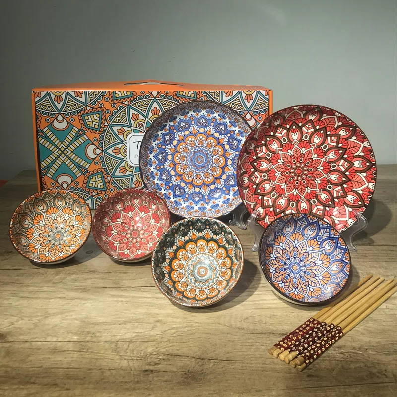 Bowls Plate Dinnerware Tableware Set 4 Bowl 1 Plate Gift Box Set Bohemian Ceramic Minimalist Vintage Giveaways Dinner Set 72 Pcs