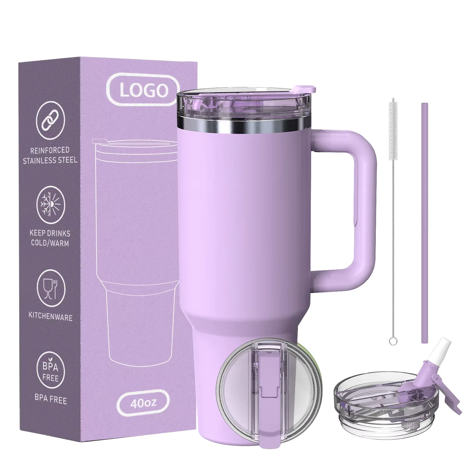 Custom Print Logo Stainless Steel 40oz Food Grade Material Travel Mug Tumbler Cup With Handle Straw for Daily Life