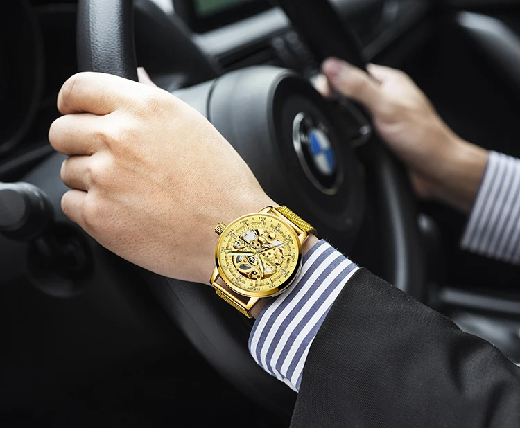 HVENSHI 077G High Quality Gold Men Mechanical Watch Waterproof Tourbillion  Stainless Steel Band Watch Charm Business Wristwatch