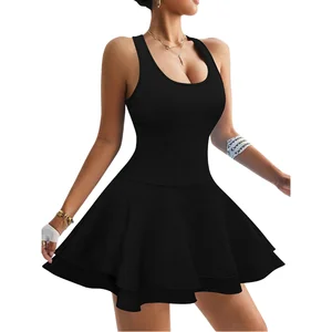 Customizable Solid Color Tennis Dress U Neck Sleeveless Non Adjustable Shoulder Straps Slim Fit Short Dress for Women