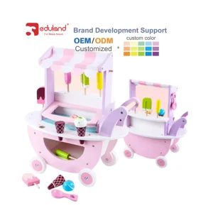 EDULAND Educational Pink Children Wooden Kitchen Mobile Ice Cream Trolley Unisex Pretend Play Shopping Cart Toy for Kids Girl