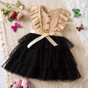 Girl's Short-Sleeved Mesh Princess Skirt O-Neck Children's Summer Clothes for Kids Sweet Style Dress Elegant Cake Design