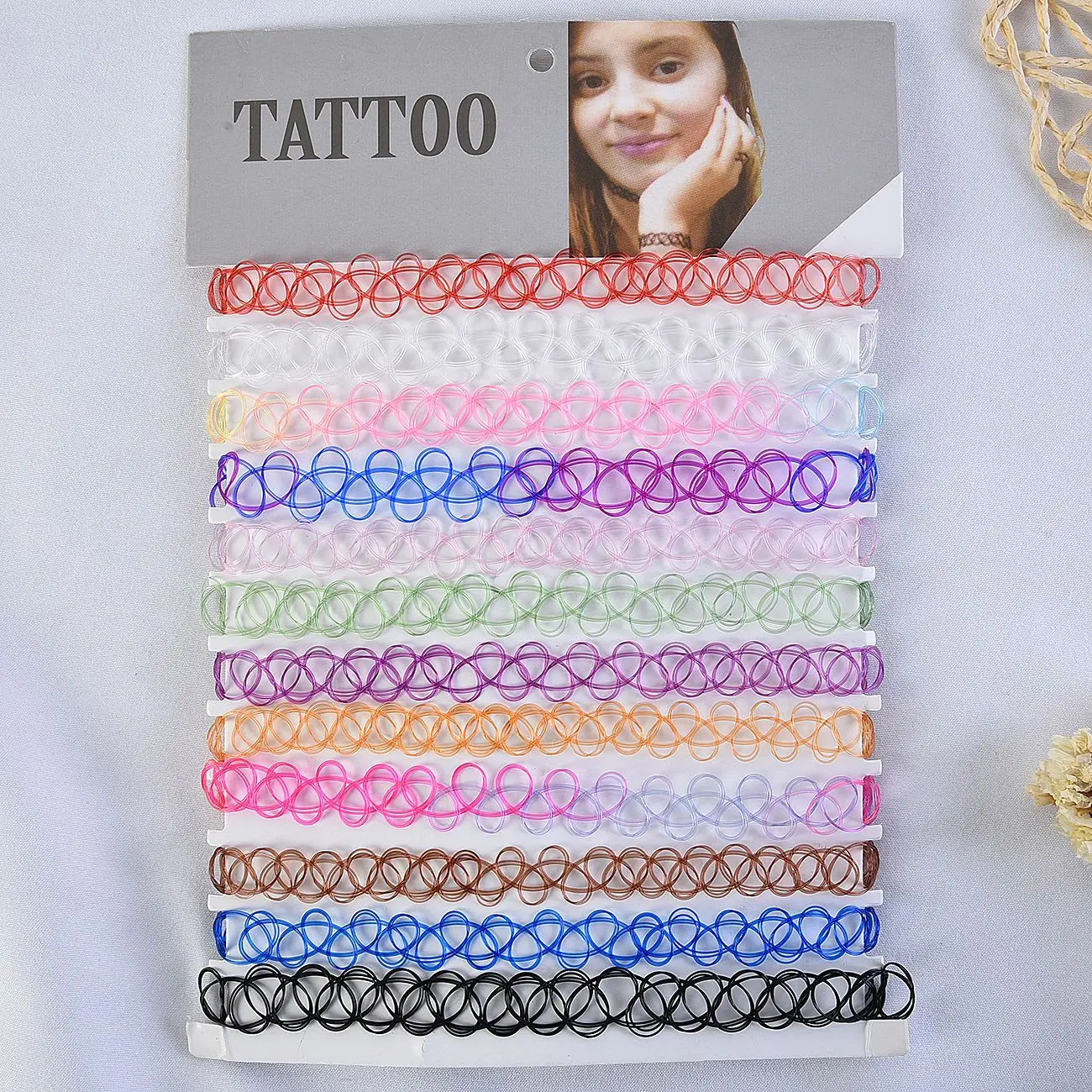 12pcs Vibrant Rainbow Multicolor Stretch Elastic Necklace Set Link Chain Henna Tattoo Choker for Kids and Teens for Parties