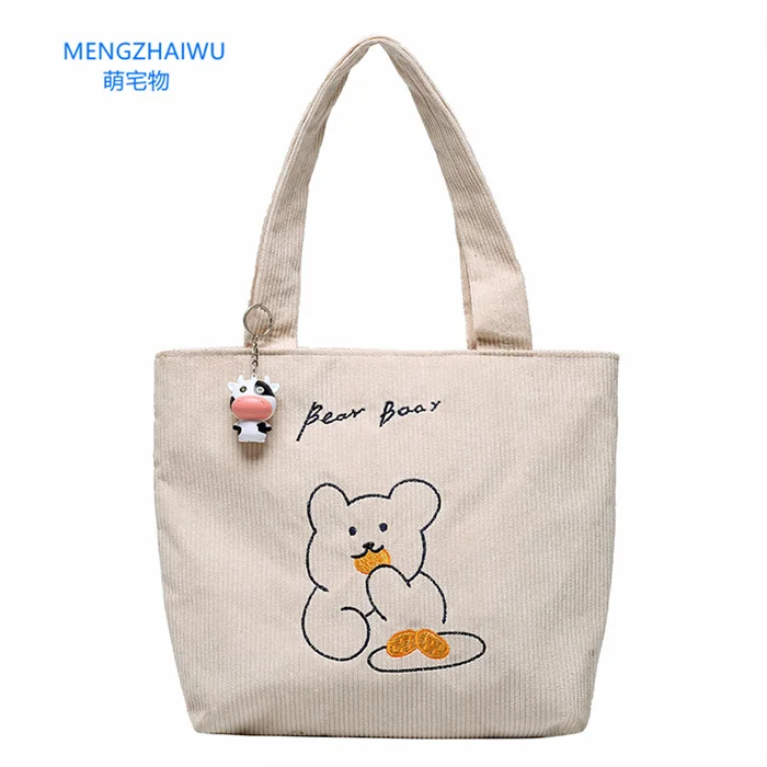 Wholesale Peru fashion canvas tote handbags ladies shoulder bag Corduroy  cartoon printing girls school handbag in bulk From m.