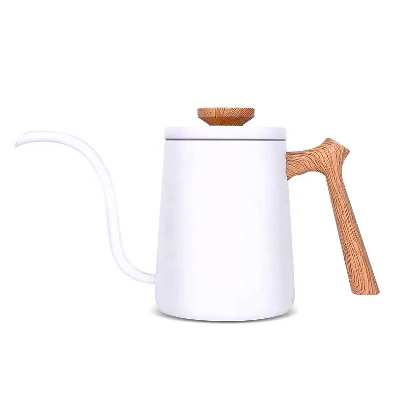 White Enamel Pourover Kettle with Wood Handle