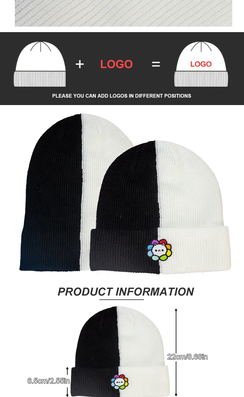Custom Black White Embroidered Knit Cuff Beanie Wholesale Design Your ...