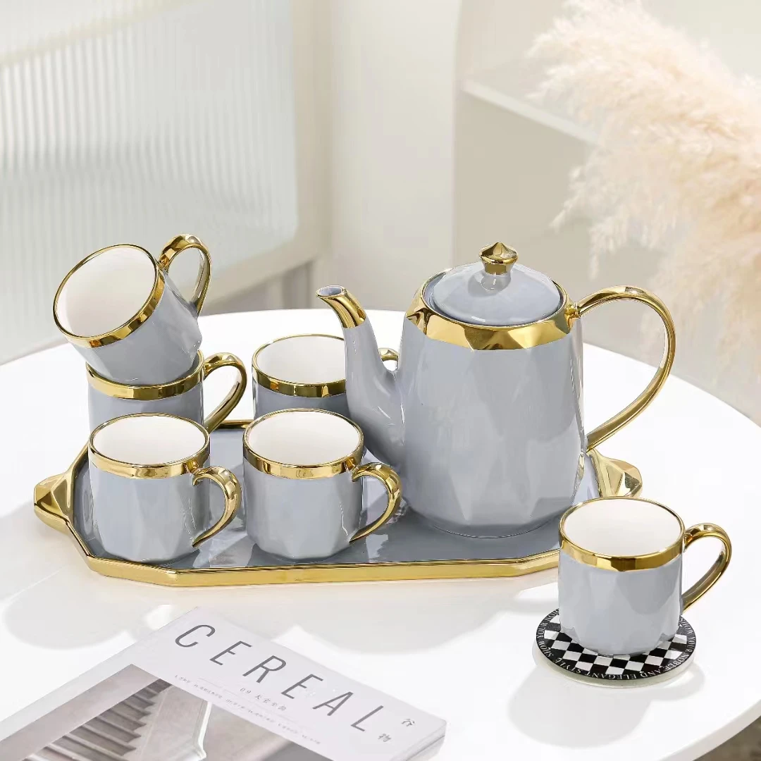 Luxury 6 Piece Ceramic Tea Cup Set with Teapot & Tray, Gold Trim