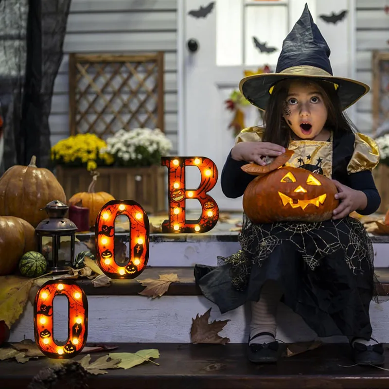 LED Boo Letter Lamp with Oil Printing Halloween Scene Atmosphere Desktop Glowing Horror Prop Light Sign for Decorations
