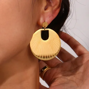 Boho Gold Plated Dangle Hoop Earring Engraved Sunburst Disc Bohemian Earrings Stainless Steel Statement Earrings