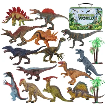 12pcs mixed kids gift solid 7' PVC plastic dinosaur toy in tin portable box