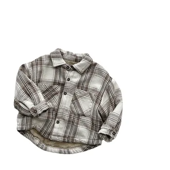 Literary style baby coat boys plaid plus velvet shirt winter new retro children's clothing handsome kids top