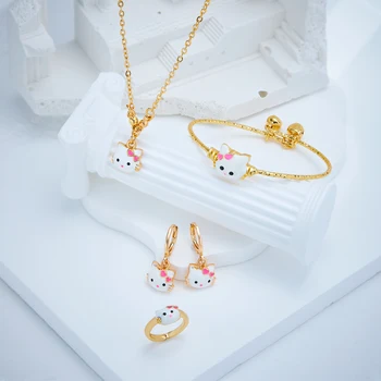 Wholesale fashion 14k gold plated 4pc  girls Cute cartoon children Pink Cat jewelry set