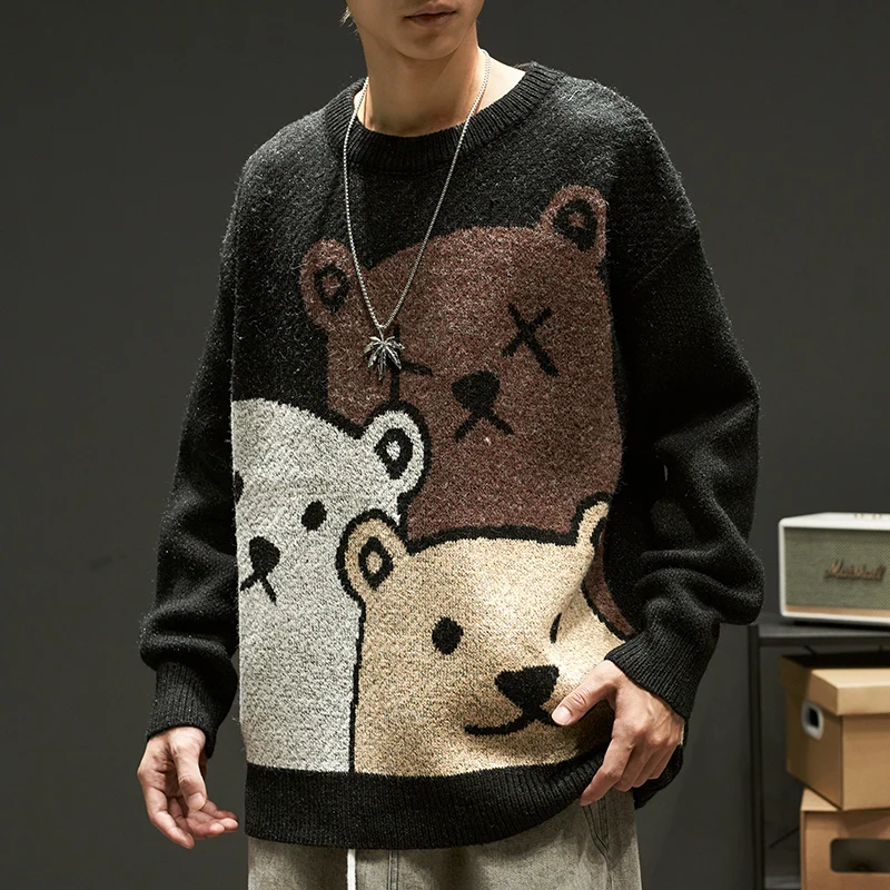 Luxury Large Cartoon Bear Pattern Mens Knitted Sweater Streetwear