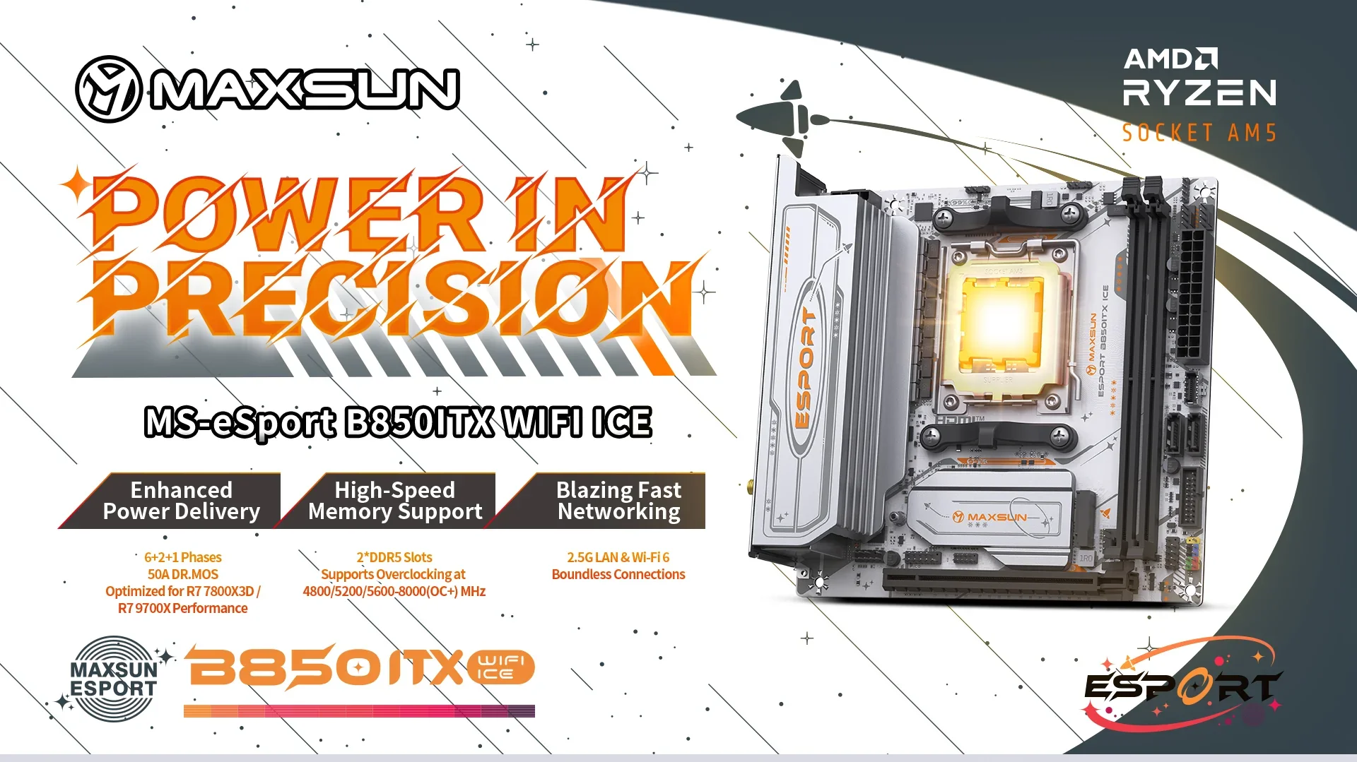 MAXSUN ESport B850ITX WIFI ICE DDR5マザーボード64GB RAM SATA統合