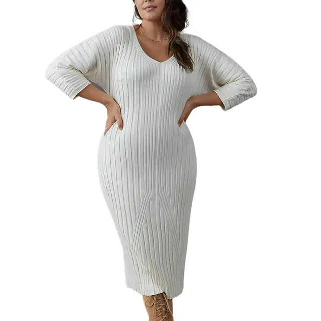 Custom Plus Size Curvy Cashmere Knitted Solid Color High Street Jersey Dress For Women