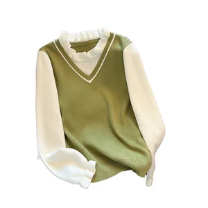 Boutique 2024 Autumn Women's Casual Knitted Sweater New Fashionable Two-Piece Doll Collar Patchwork Design