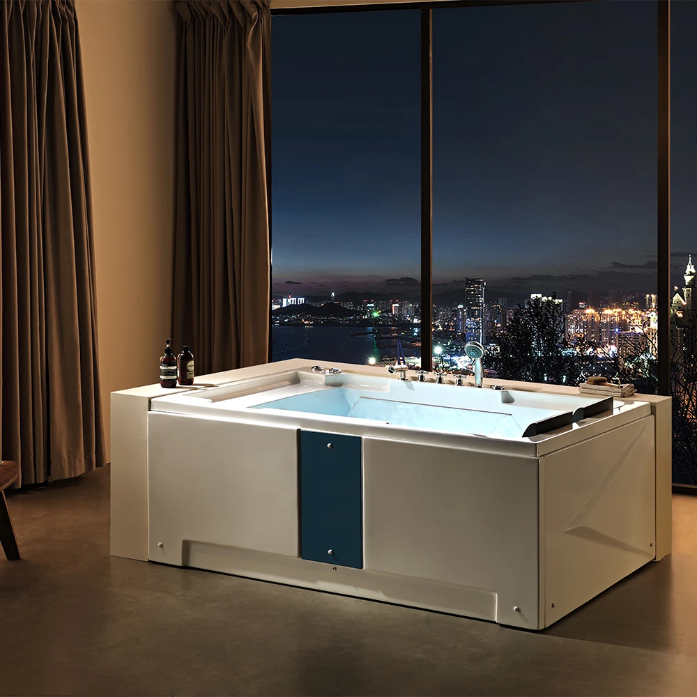 Two-Pillar Freestanding Rectangular White Acrylic Bathtub Stylish Design Bathroom Massage Bathtub