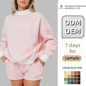 Custom High Quality Oversized French Terry Cotton Plain Striped Mock Neck Sweatshirt Two Piece Sweat Shorts Women Sweatsuit Set