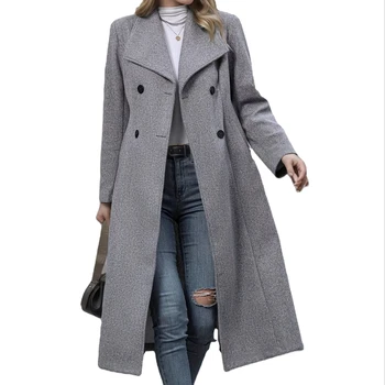 Women's Long Trench Coats  Woolen Solid Color Double Breasted Closure Wholesale for Autumn Winter Season