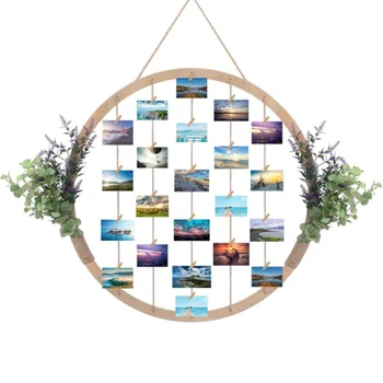 Artificial Eucalyptus and Lavender Hanging Board Photo Frames Large Round Wooden Picture Frames Collage Wall Spring Summer Gift