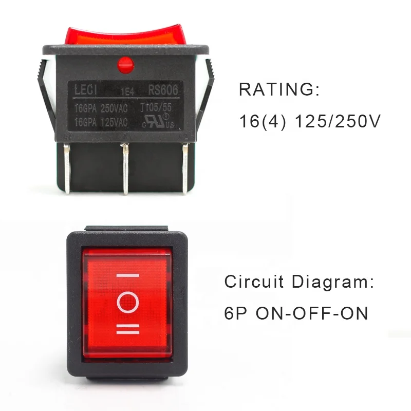 16A DPST LED Electronic Rocker Switch 250V 250vac Max Red Light 6 PIN ...