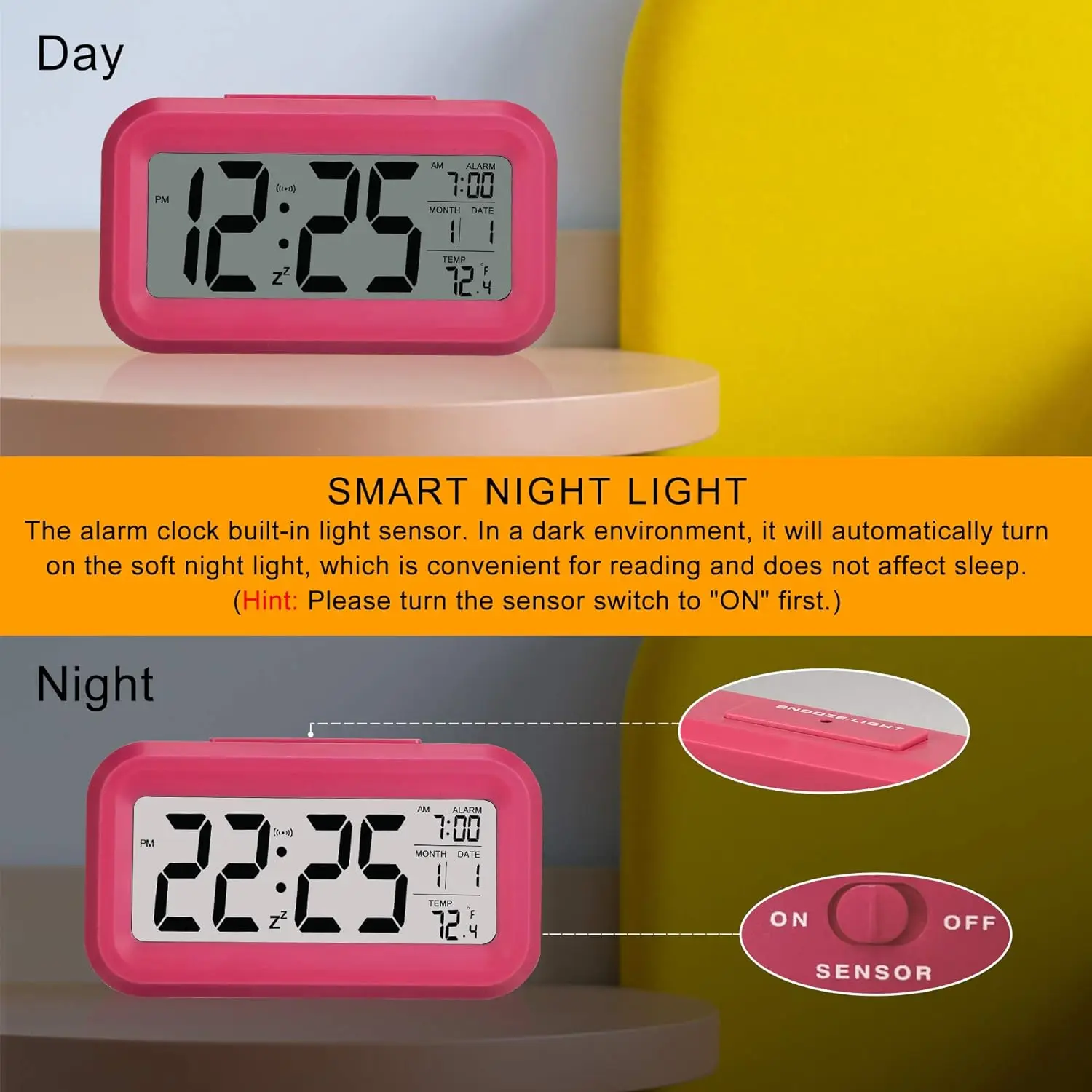 Creative Night Light Sensing Digital Alarm Clock With Led Temperature Display, Snooze Function and Smart Time Sensor for Student