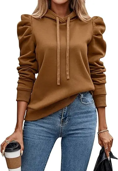 Women's Hoodies Drawstring Puff Long Sleeve Casual Pullover Sweatshirt ...
