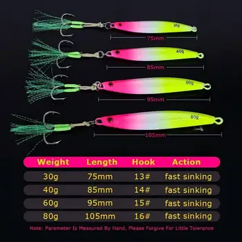 CHEERY High Quality Saltwater 30g 40g 60g 80g Colorful Lead Bait Luminous Jig Slow Metal Jigs With Auxiliary Hook Jigging Lure – Metal Jig – view 4