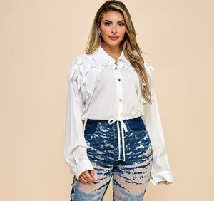 Women's White Rayon/Polyester Bow Decor Blouse Regular Fit Long Sleeves Wrap Tie Drawstring Waist Office Summer