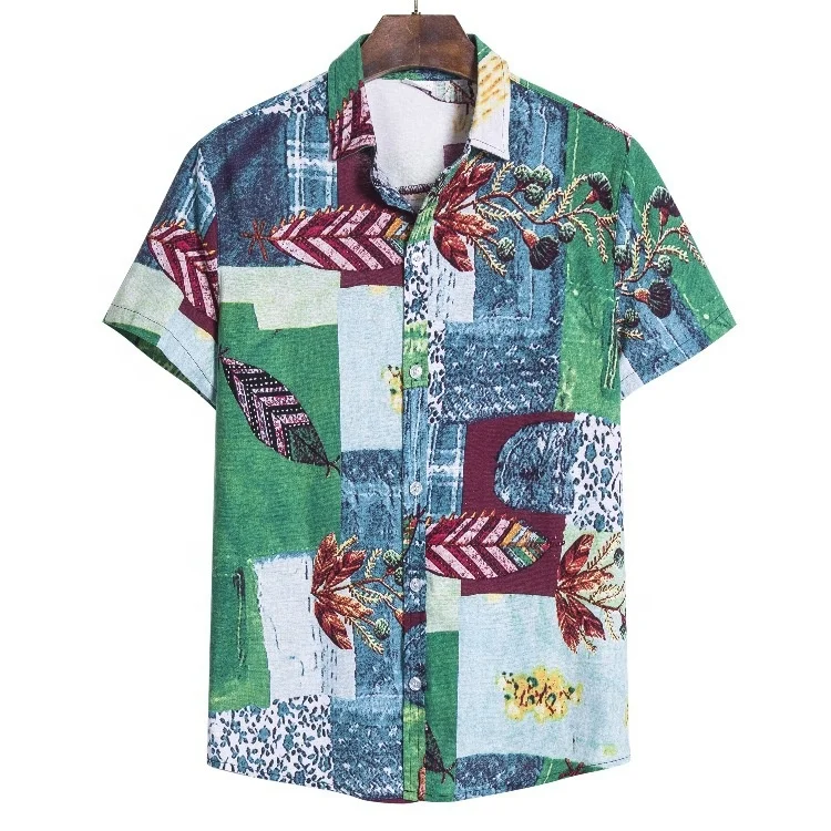 JL-10121 High Quality Breathable Beach Linen Shirt Men Round Bottom Casual Hawaiian Print Shirts for Men