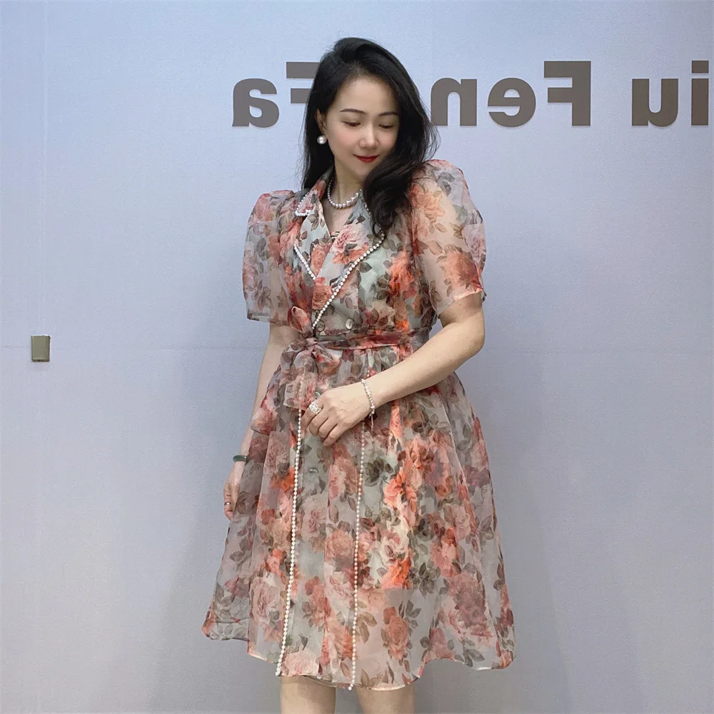Rose Organza Women's Casual Summer Dress French-Style Small Floral Two-Piece Set Trench Dress Puff Sleeve Flared Design Natural
