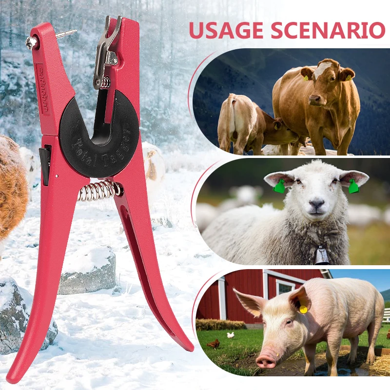 Qiilu Universal Livestock Ear Tag Pliers Applicator Tool Set, Includes 2 Stainless Steel Ear Tag Nails, Red Alloy Needles, For Cattle Sheep Pig Marking, Durable And Lightweight