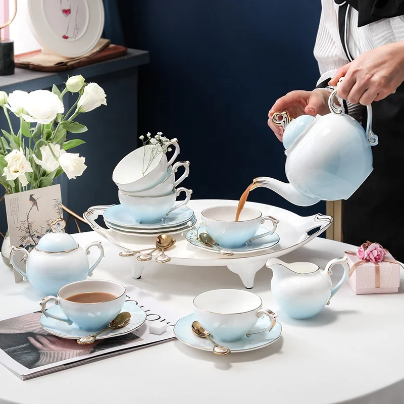 Gradient Coffee Set European Simple Bone China Cup Saucer Pot Spoon Jug Dish Plate