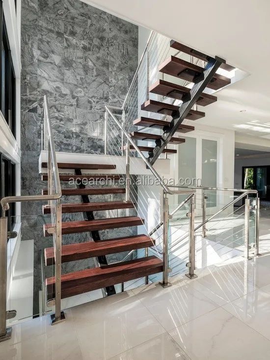 Walnut Slab Wood Stairs Floating and Straight Stairs with American Red Oak Tread for House