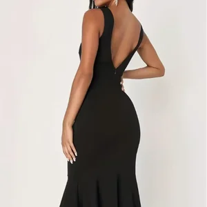 Square Neck with Natural Waist Black Dress Summer Casual Dress Midi  Elegant Party Mermaid Dress