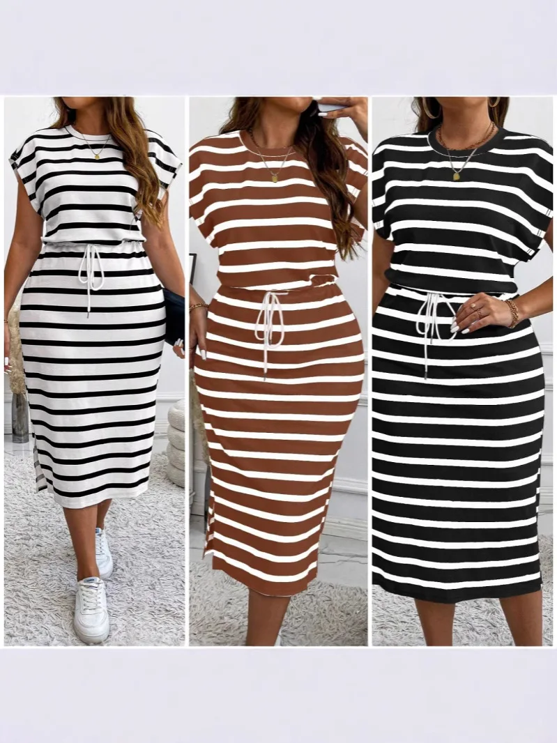 2025 European and American Summer Round Neck Stripe Printed Short Sleeved Large Size Dress