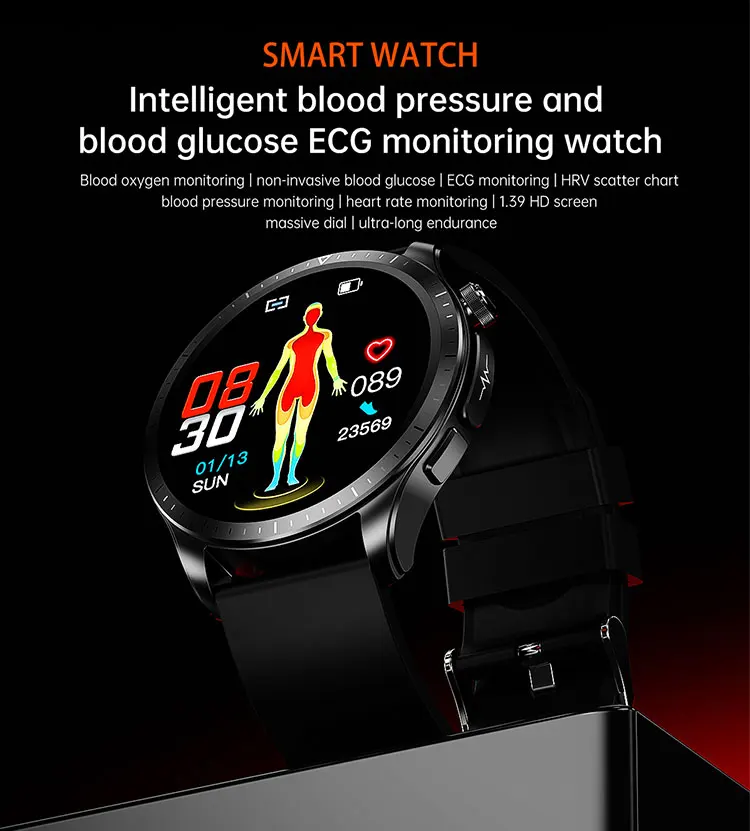 Smart watch diabetic non -invasive blood pressure glucose test ECG meter monitor measuring smart watches diabetes