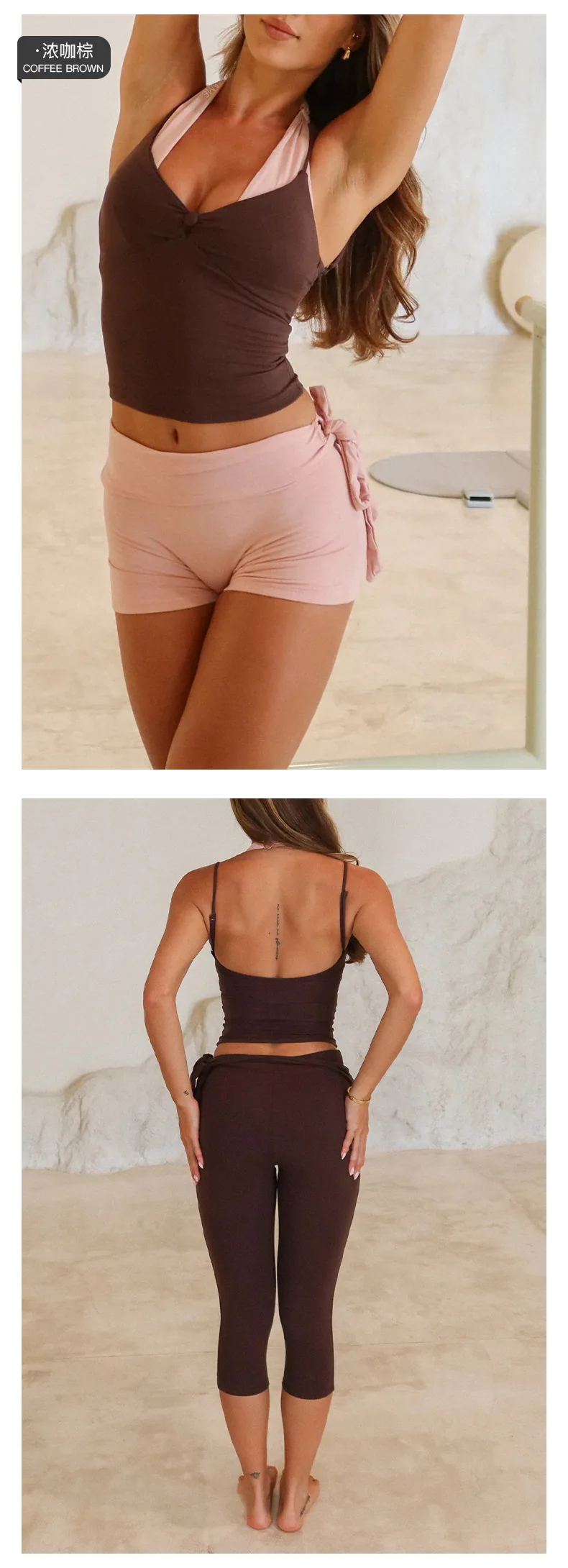 Yoga Halter Crop and Capri Leggings Set V Neck Self Tie Waist Four Way Stretch Quick Dry Activewear — detail