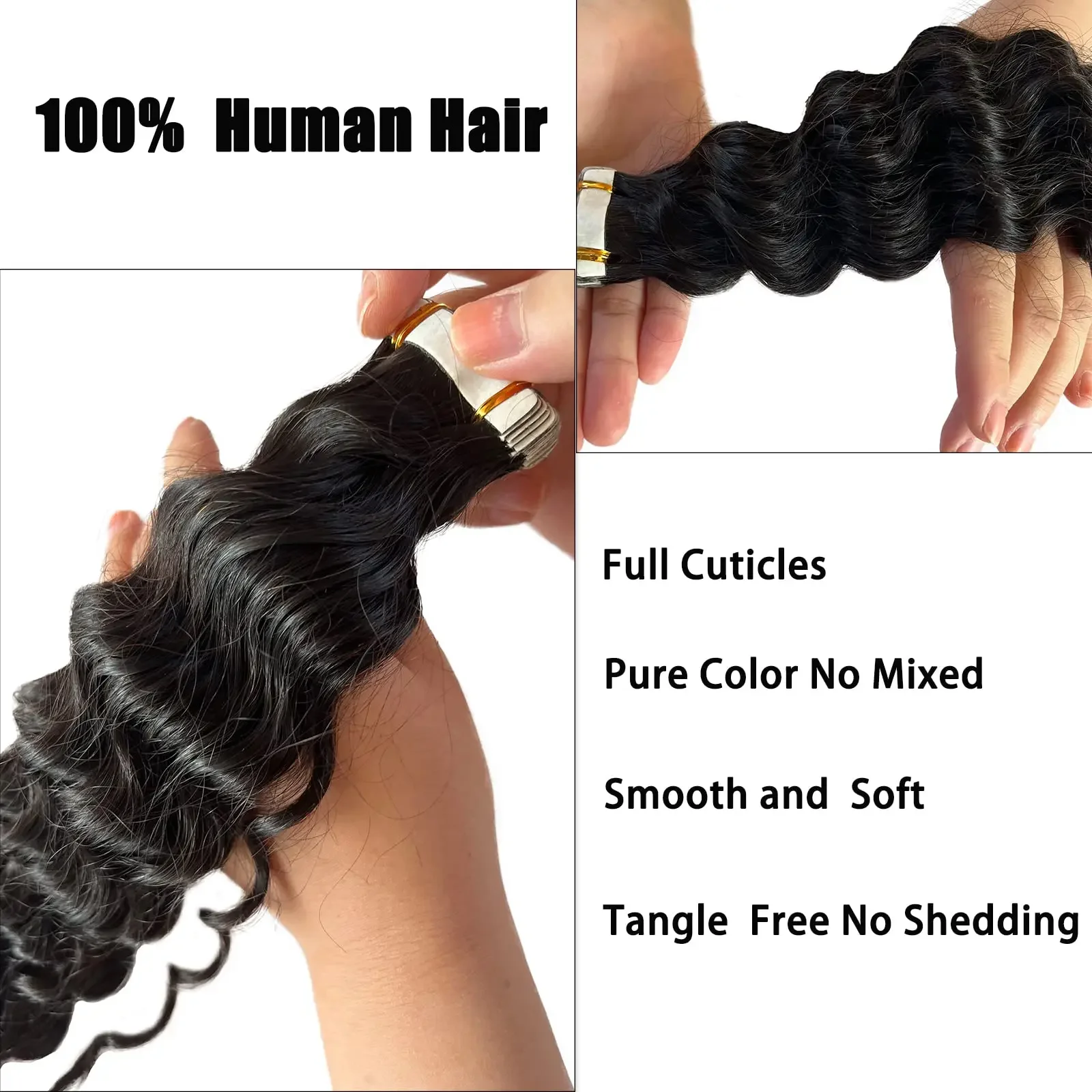 Extensii de păr uman cu bandă adezivă, ondulate adânc, păr Remy brazilian, extensii de păr creț, 20 buc/set, negru natural, 16-26 inci_voghion.com