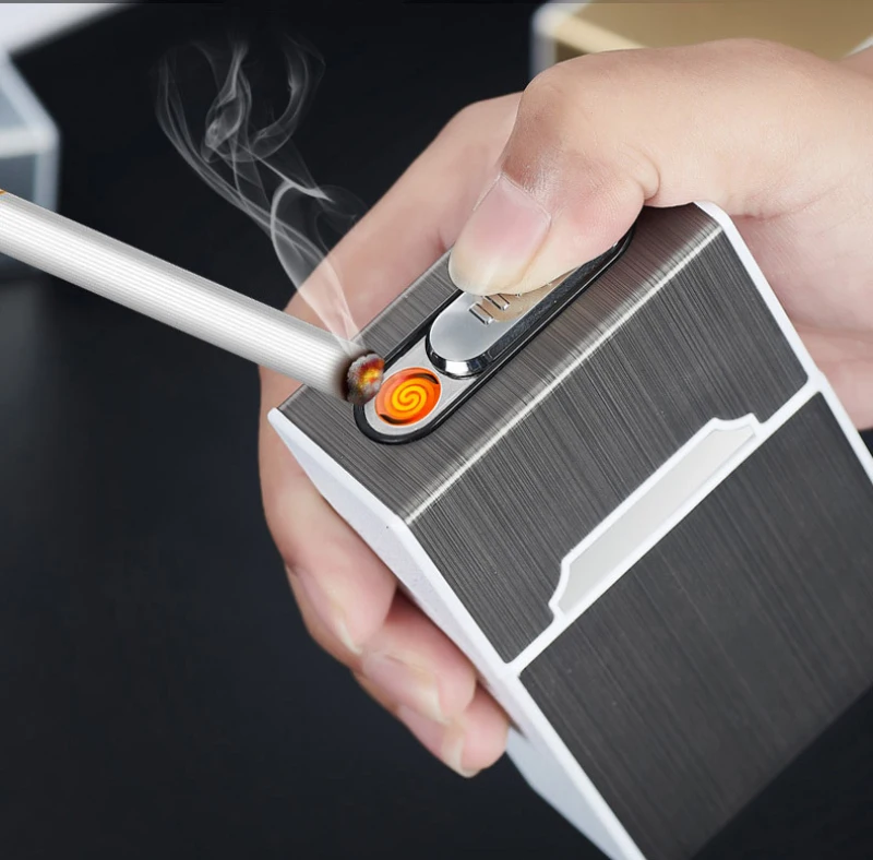 20Pcs Capacity Metal USB Rechargeable Windproof Cigarette Lighter Case Box  Customizable Patterns for Giveaways Minimalist Design