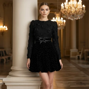 ZYHT 65498 Dresses Women Lady Elegant Women's Elegant Black Mini Dress 3D Rose Embellished Long Sleeves & Velvet Glitter Dress