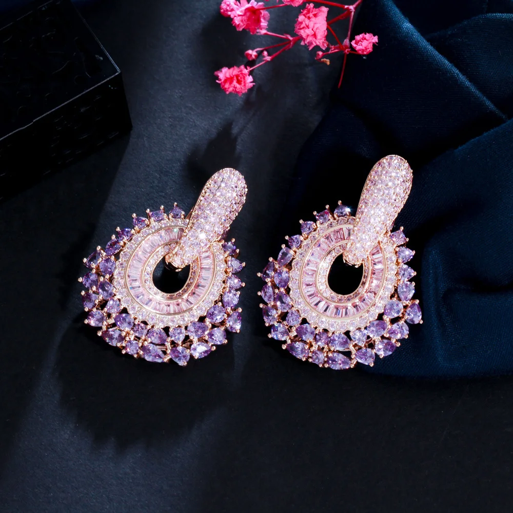 New Trendy Luxury Purple Pink Cubic Zirconia Pave Dangle Earrings For ...
