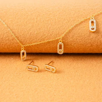 Popular Fashion Jewelry Set Zircon Golden Plated Necklace Earring Sliding Necklace For Women