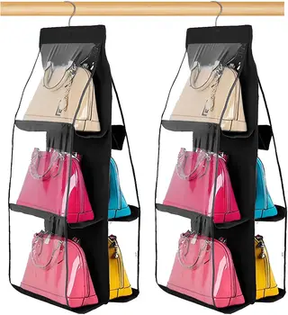 Hanging Handbag Organizer Dust-Proof Storage Holder Bag Wardrobe Closet for Purse Clutch with 6 Larger Pockets Black