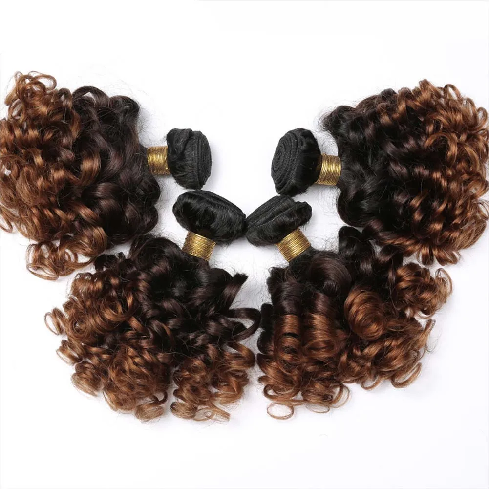 Ombre Bundles with Frontal Brazilian 1b/4/30 Human Hair Bouncy Curly Bundles with Closure Short Curly Human Hair Wave Bundles