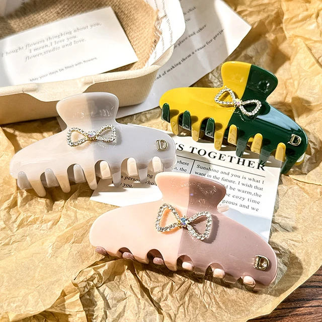 New Retro French High-end Bow Hair Clips Light Luxury Acetate Rhinestone Hair Claws Patchwork Color Acetic Acid Hair Shark Clip