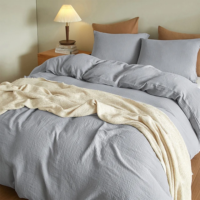 wholesale luxury  100% Cotton Gauze Duvet Cover set Custom LOGO 3 piece bedding set solid color  muslin Duvet cover double