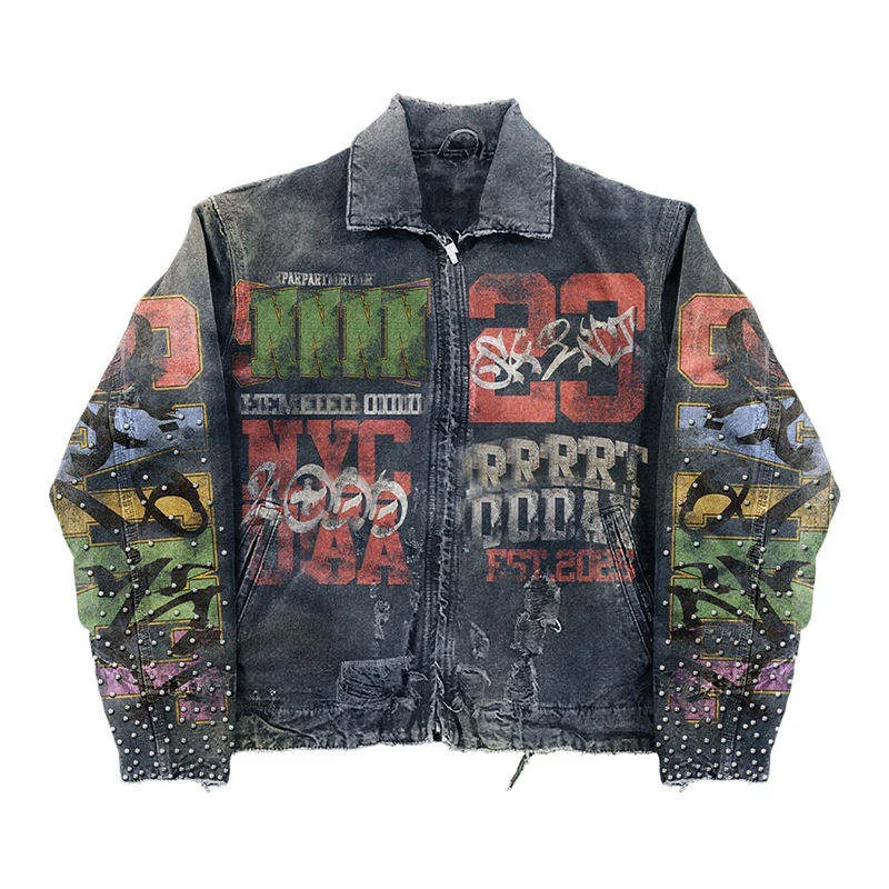 SALATI Factory Direct Jacket Manufacturer 2025 Men's Vintage Distressed Rhinestone Denim Jacket,Denim with Custom Distress Wash gallery 5
